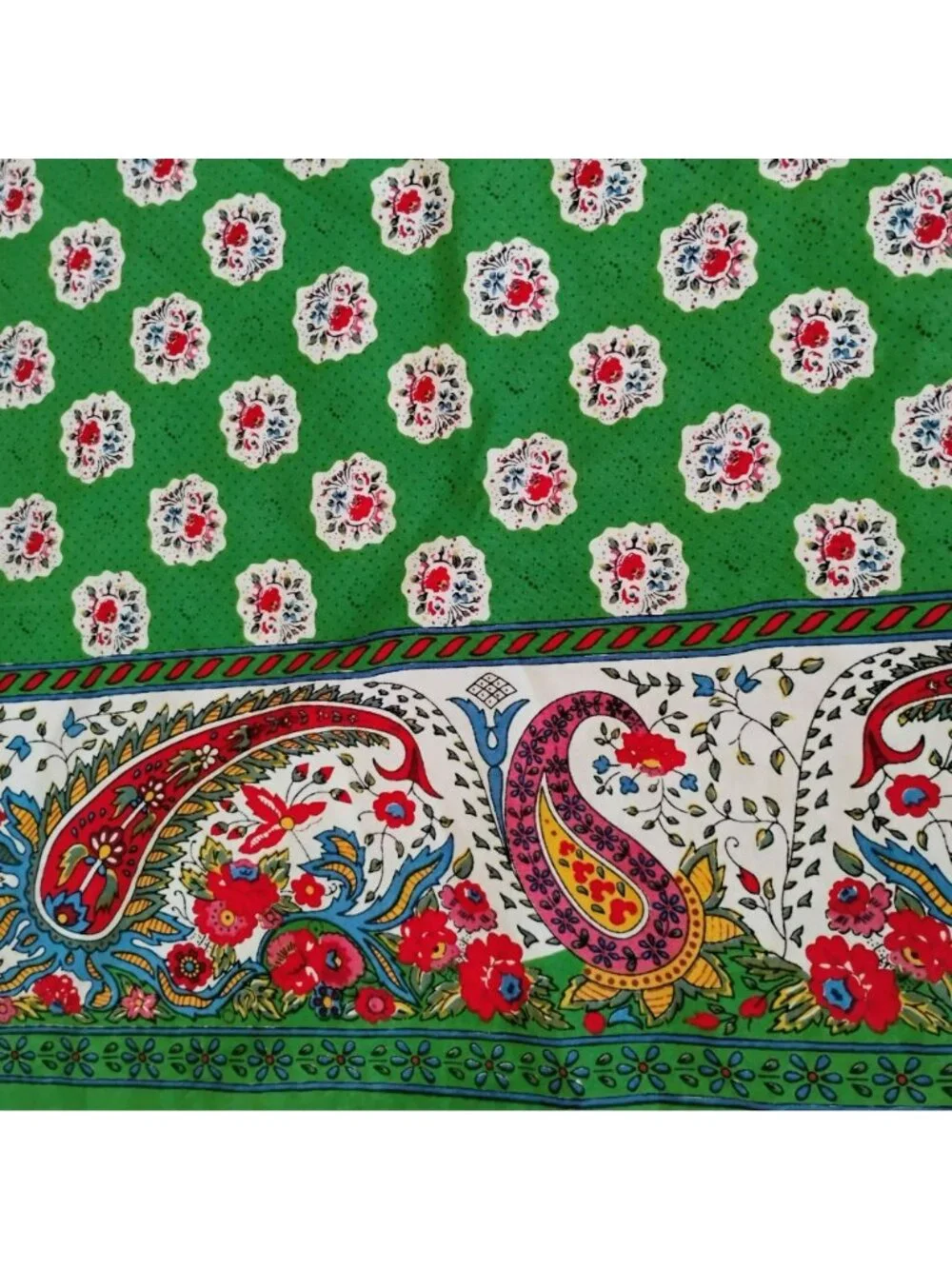 Vintage Williams Sonoma Green Block Print Floral Paisley Tablecloth Cotton 108